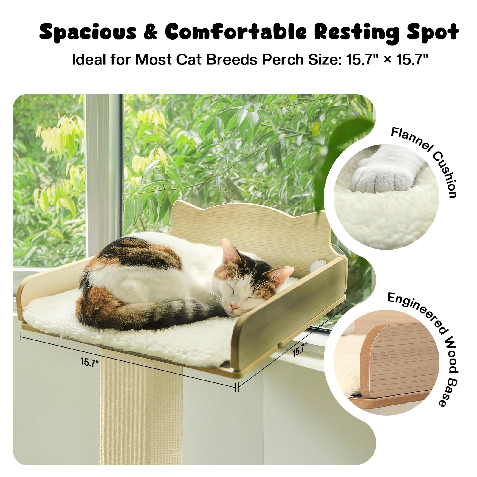 Percha para ventana para gatos con poste rascador de sisal grueso, hamaca para gatos para ventana, poste rascador ajustable de 53.5 pulgadas para gatos con 2 ventosas mejoradas, cama de ventana para