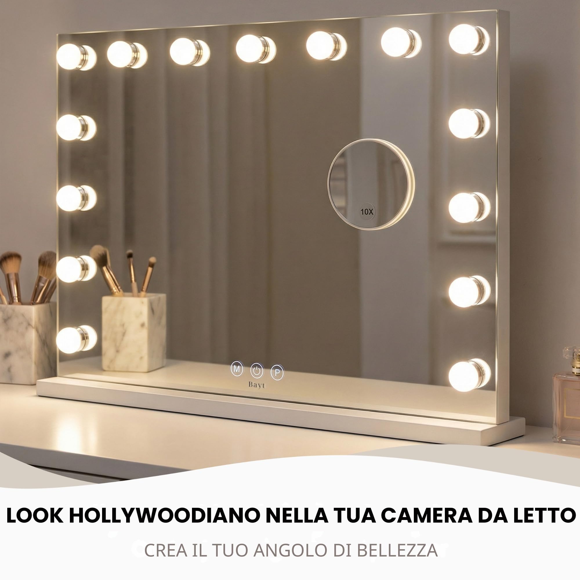 Bayt Specchio Hollywood con luci LED – Specchio Trucco Bianco 58x46 cm con 15 Lampadine Dimmerabili, 3 Tonalità di Luce (calda, fredda, naturale), Touch Screen & Specchietto Ingranditore 10x