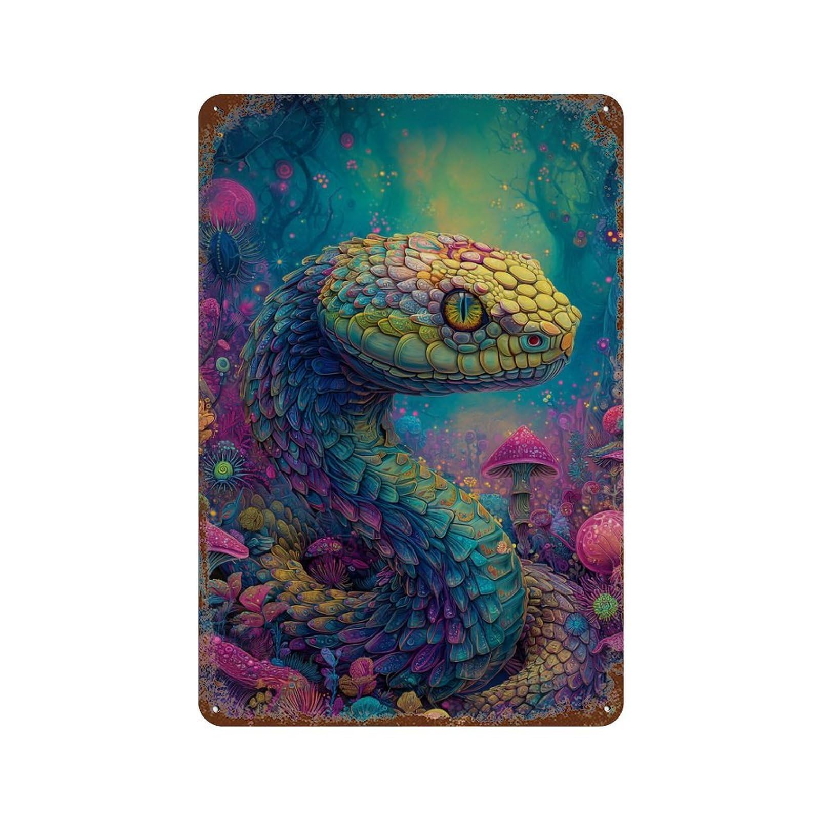Distressed Metal Wall Sign with Fantasy Snake in Mushroom Forest-1 Design 11.8"x7.9", for Cafe, Home Bar And Lounge Decor, Retro Wall Decor