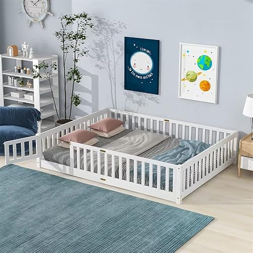 JINS&VICO Marco de cama tamaño Queen, cama Montessori con valla y puerta, cama de plataforma de madera con 7 listones de madera para niños y niñas,