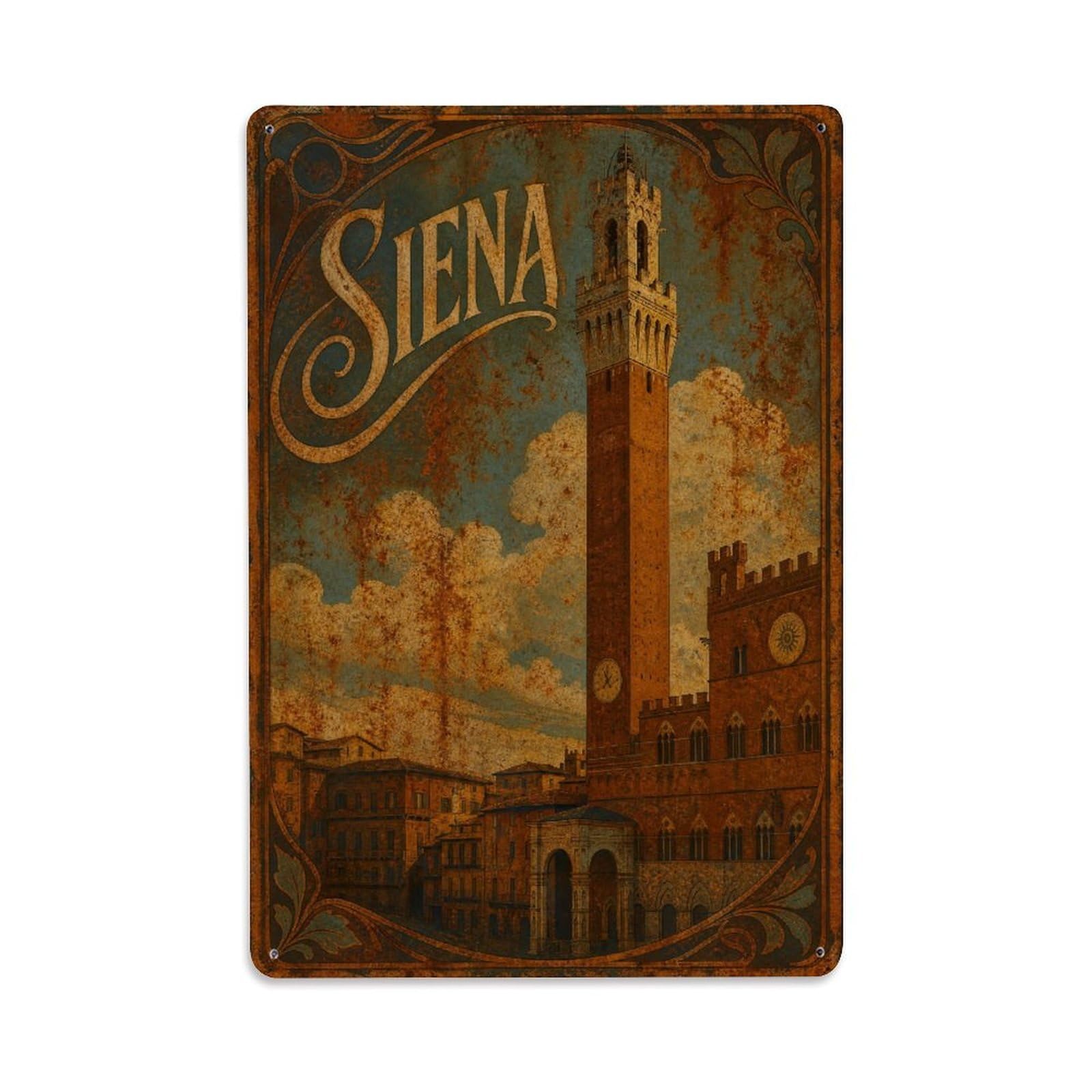 Huiyhb 8X12inch(20X30cm) Vintage Travel Siena Torre Mangia Medieval Landmark Italy Metal Tin Sign