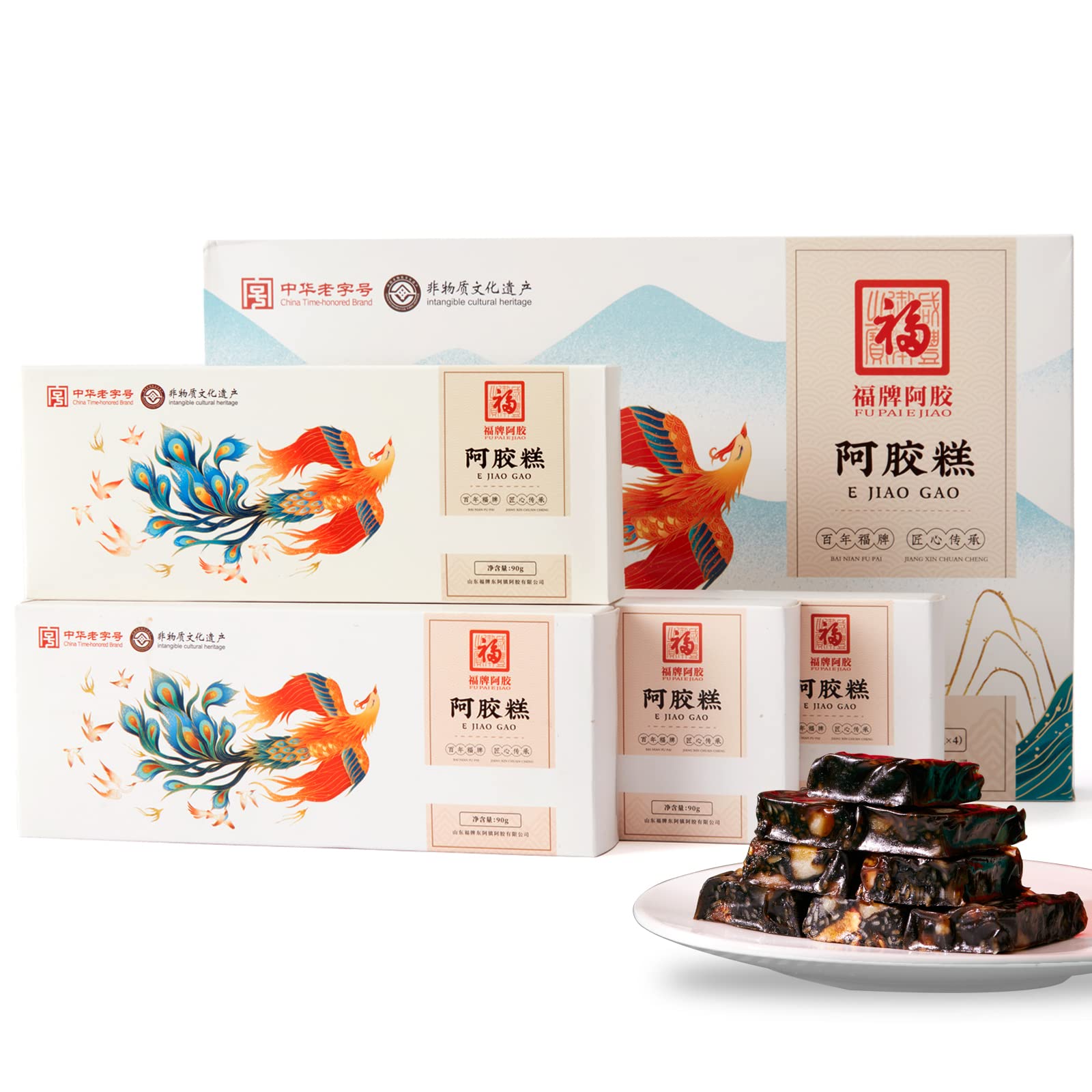 FU PAI E JIAO Colla Corii Asini Cake, Traditional Chinese Health Food - For improving anemia, enhancing kidney function and replenishing collagen, Gift Box Style 360g (4 packs)