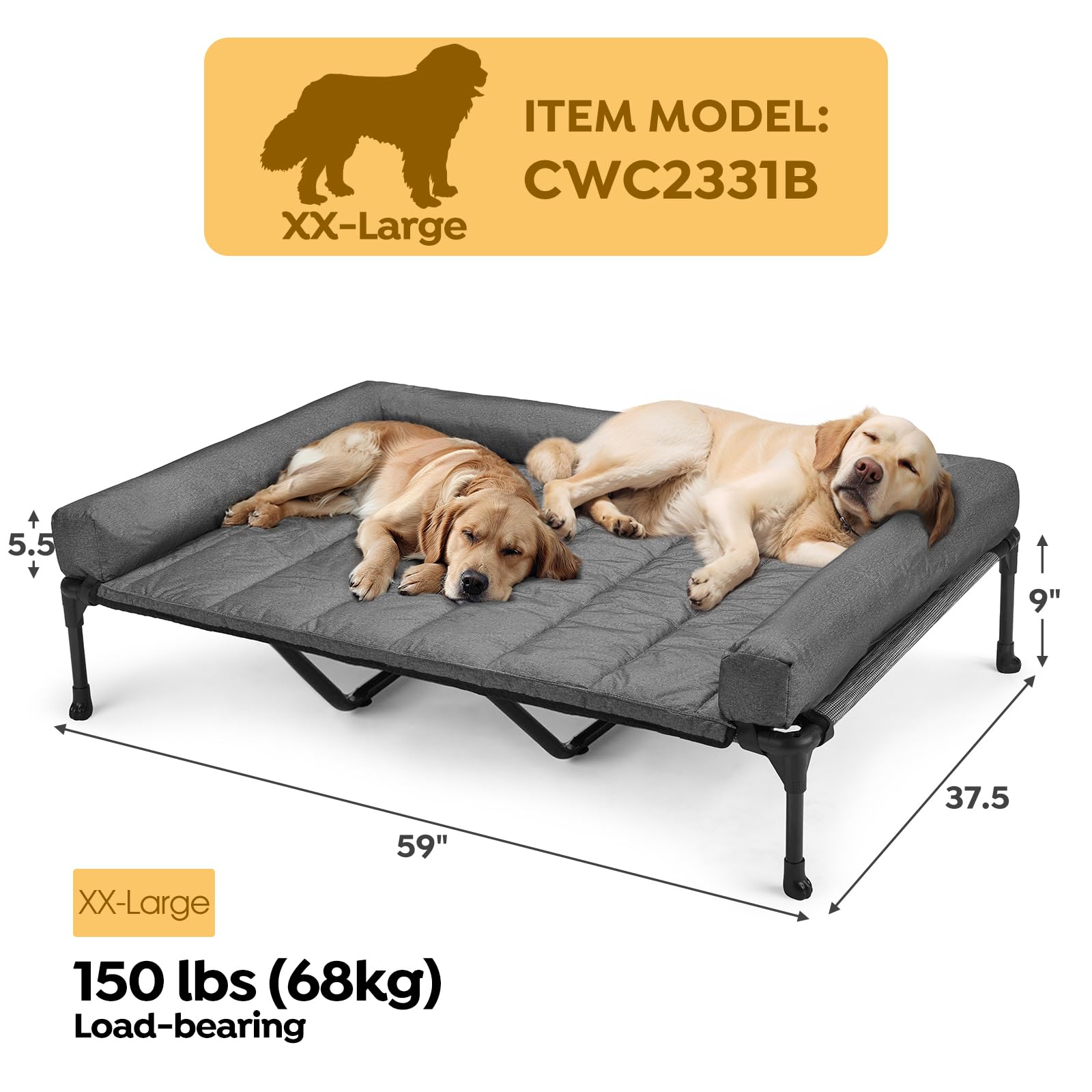 Veehoo Hundeliege Outdoor, Kühlendes Erhöhtes Hundebett mit Wasserdichter Abnehmbarer Kissenauflage, Hundebett mit Rand,Atmungsaktivem Mesh, rutschfeste Füße, Hundesofa für Innen & Außen