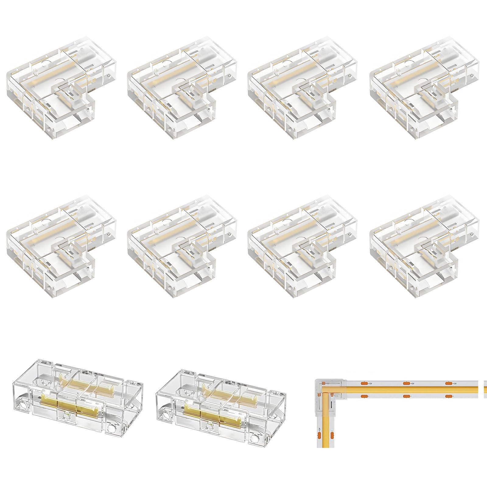 10 Stk COB LED Streifen Verbinder 2 Polig 8mm, 8 Stück L Form Eckverbinder und 2 Stück Mittelverbinder Transparent LED Strip Verbinder Lötfrei und für LED COB SMD Streifen 12V 24V