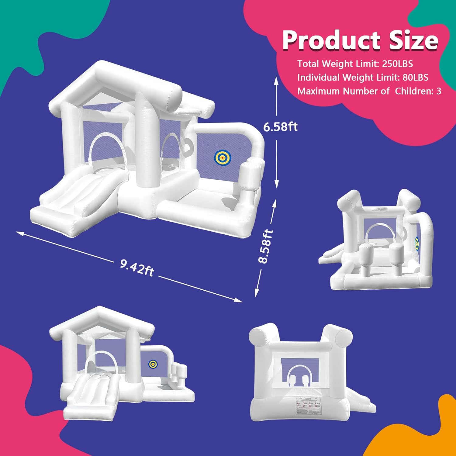 Inflatable White Bounce House with Ball Pit, Indoor & Outdoor White Bounce Castle with Blower, Boncy House for Kids 3-8 Ages