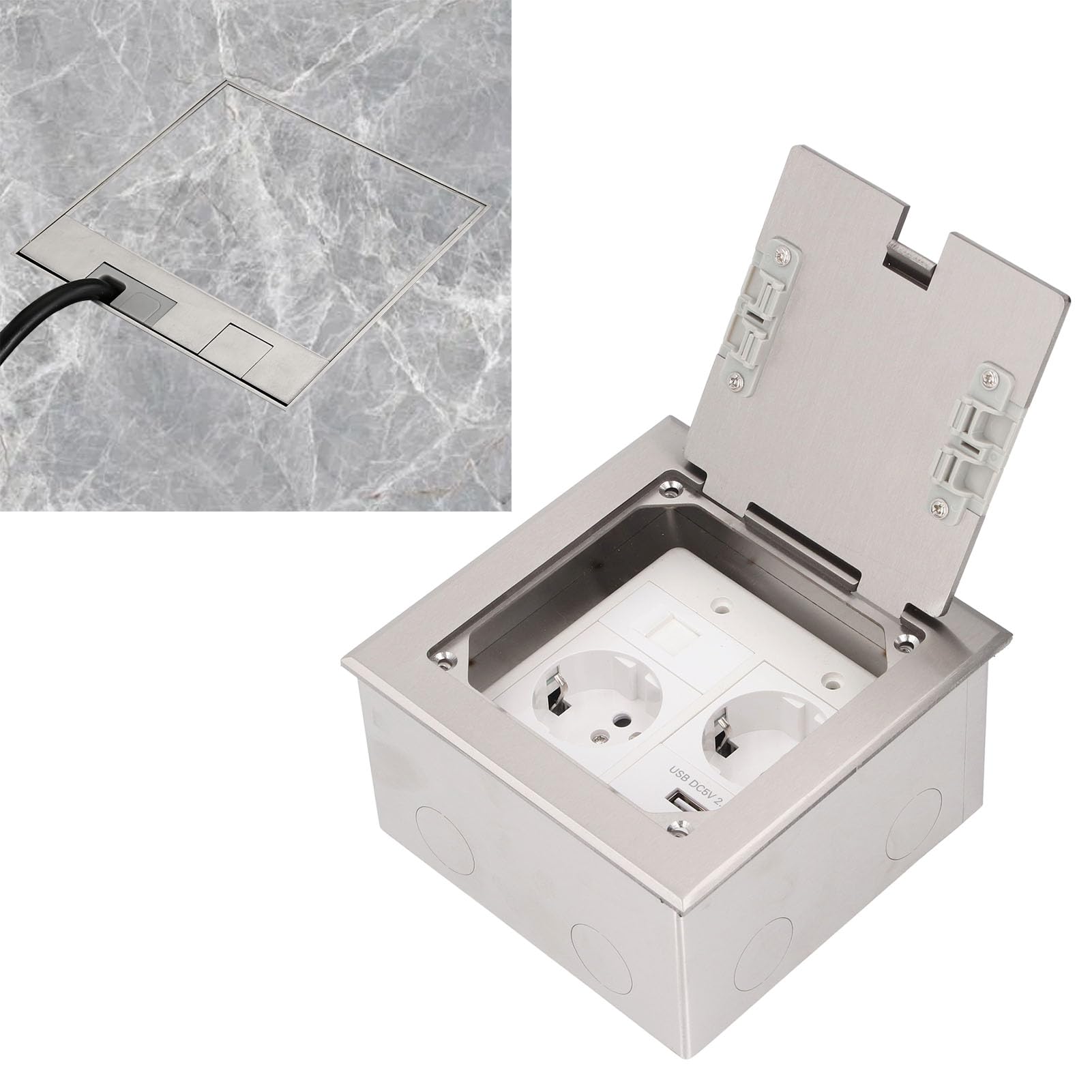 Fockety Scatola di Derivazione Pavimento, 2500 W 16 A 2 Prese 1 Porta USB 1 Computer Presa Incasso A Pavimento Prova dell'Acqua Multifunzionale Scatola di Copertura della Presa