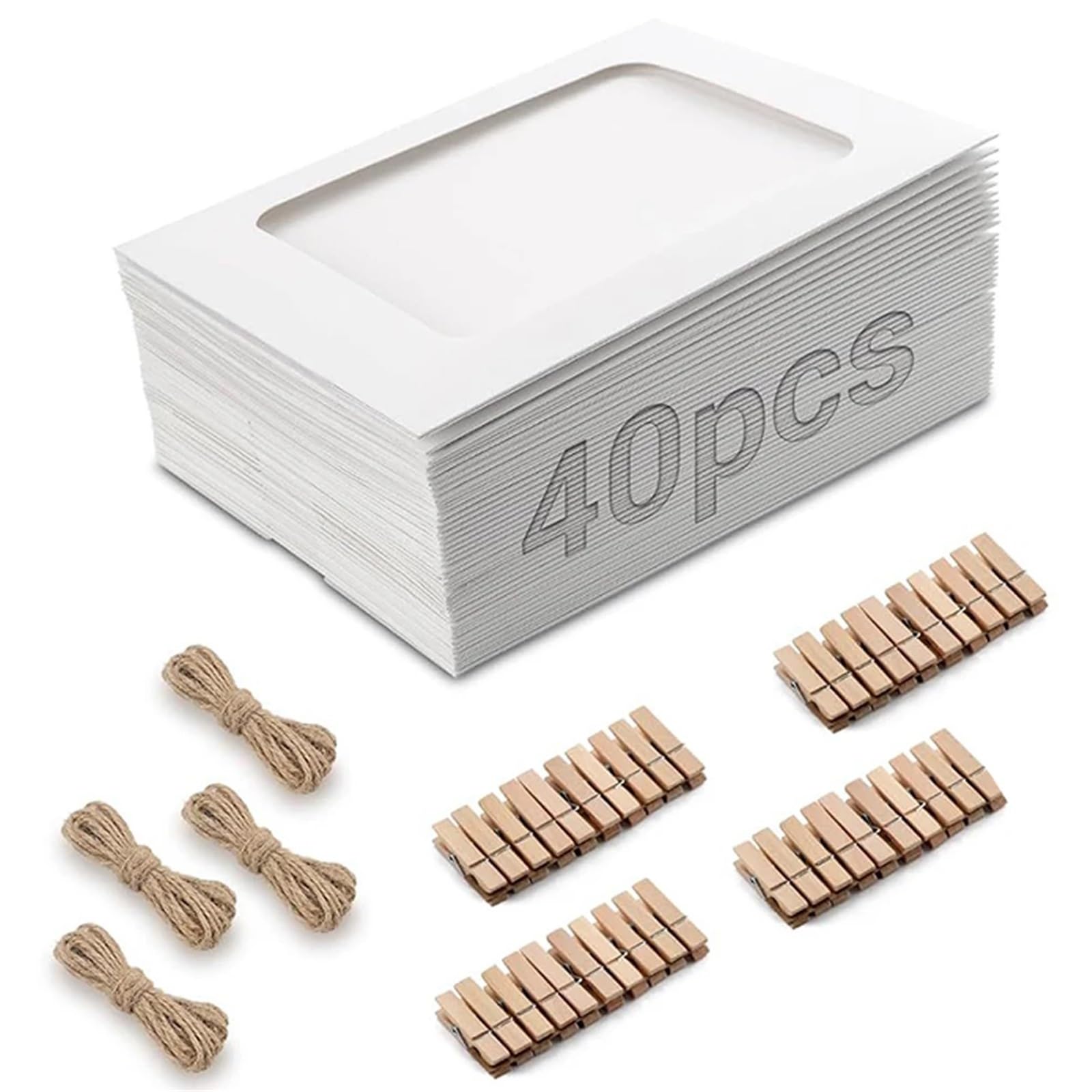 Gwyzax Cardboard Photo Frames Pack of 40 DIY Kraft Paper Picture Frame 40 Small Clips for Photo Hanging Cardboard Picture Frames Set with 4 Pieces Photo Line