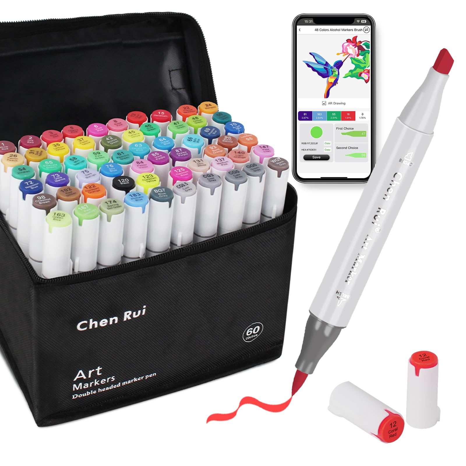 Lot de 60 marqueurs pinceaux à alcool avec application gratuite, stylos à alcool pour adultes et enfants, marqueurs de dessin pour manga, dessin et croquis