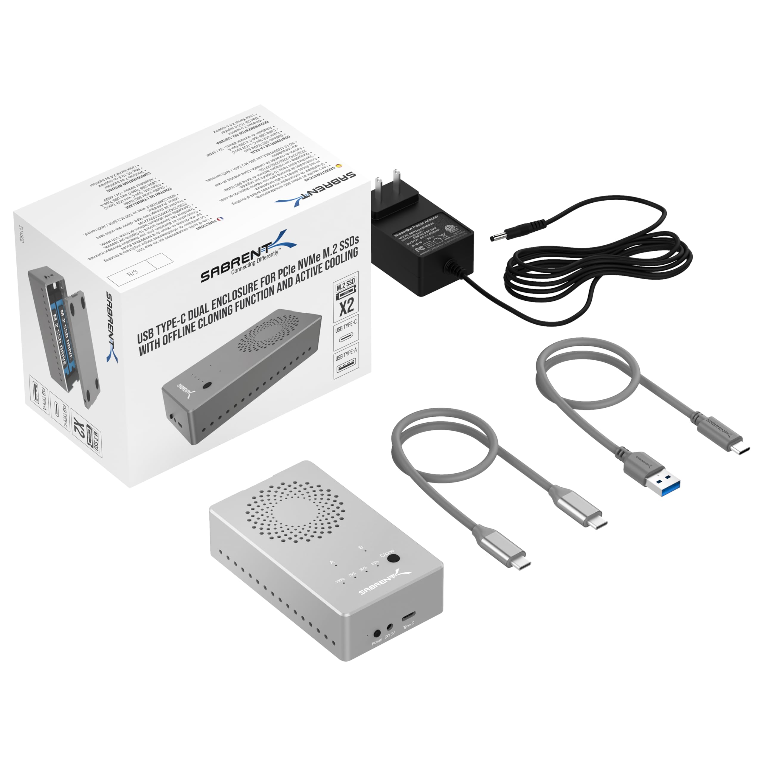 SABRENT Docking Station SSD M.2 NVMe PCIe a USB C e USB 3.0, 2 slot per SSD, con alimentatore, per SSD SATA con misure 2230/2242/2260/2280, con funzione Duplicatore/Clonatore offline (EC-SSD2)
