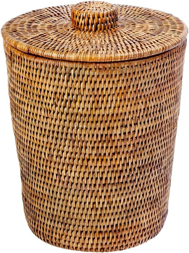 KOUBOO 1030073 La Jolla Rattan Round Waste Basket with Plastic Insert & Lid, 9.5" x 9.5" x 12.5", Honey Brown : Home & Kitchen