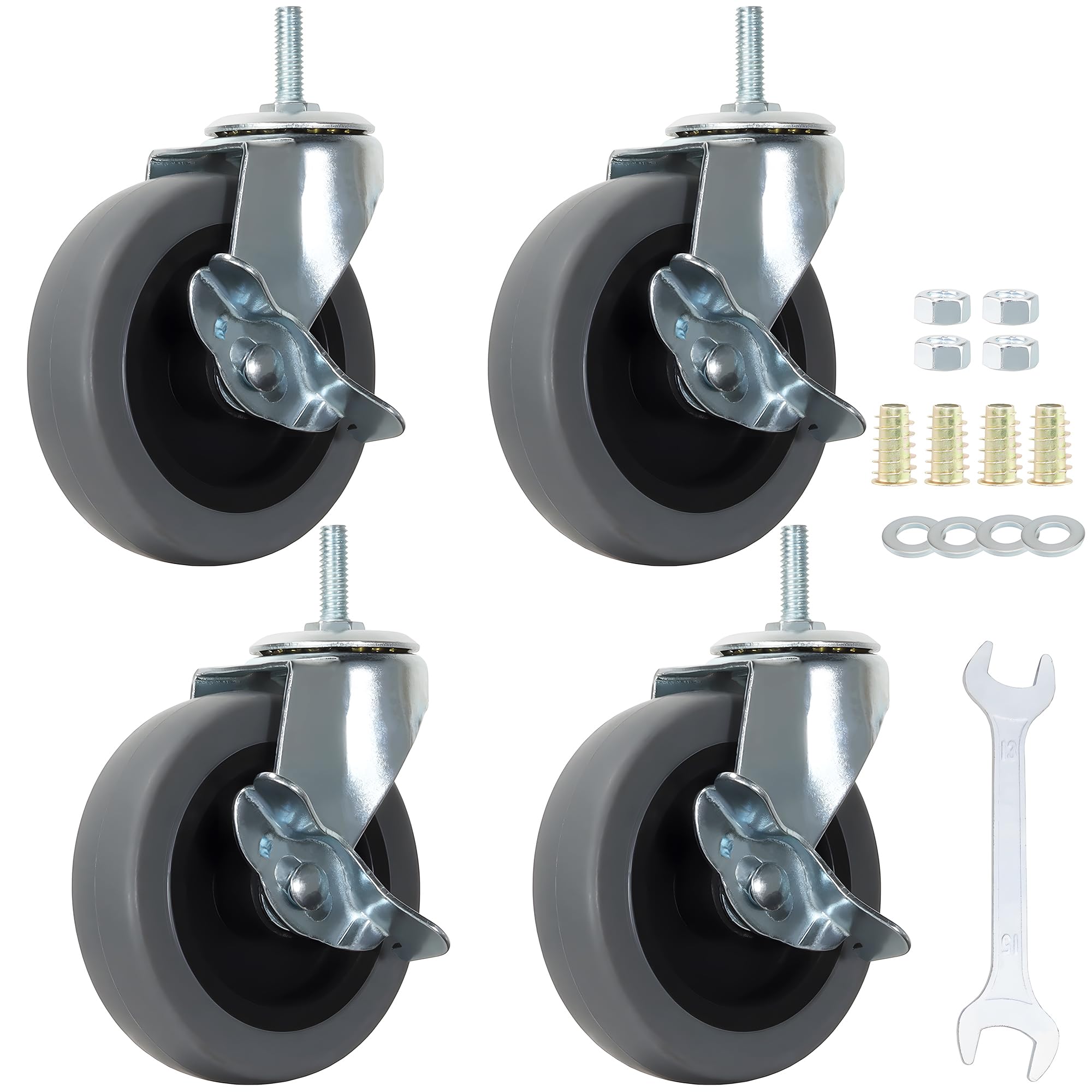 DICASAL Ruedas de vástago de 4 pulgadas con imperial de 5/16-18 x 1 pulgadas (diámetro del vástago 5/16 de longitud de 1 pulgada), ruedas de TPR resistentes y altamente elásticas con frenos laterales