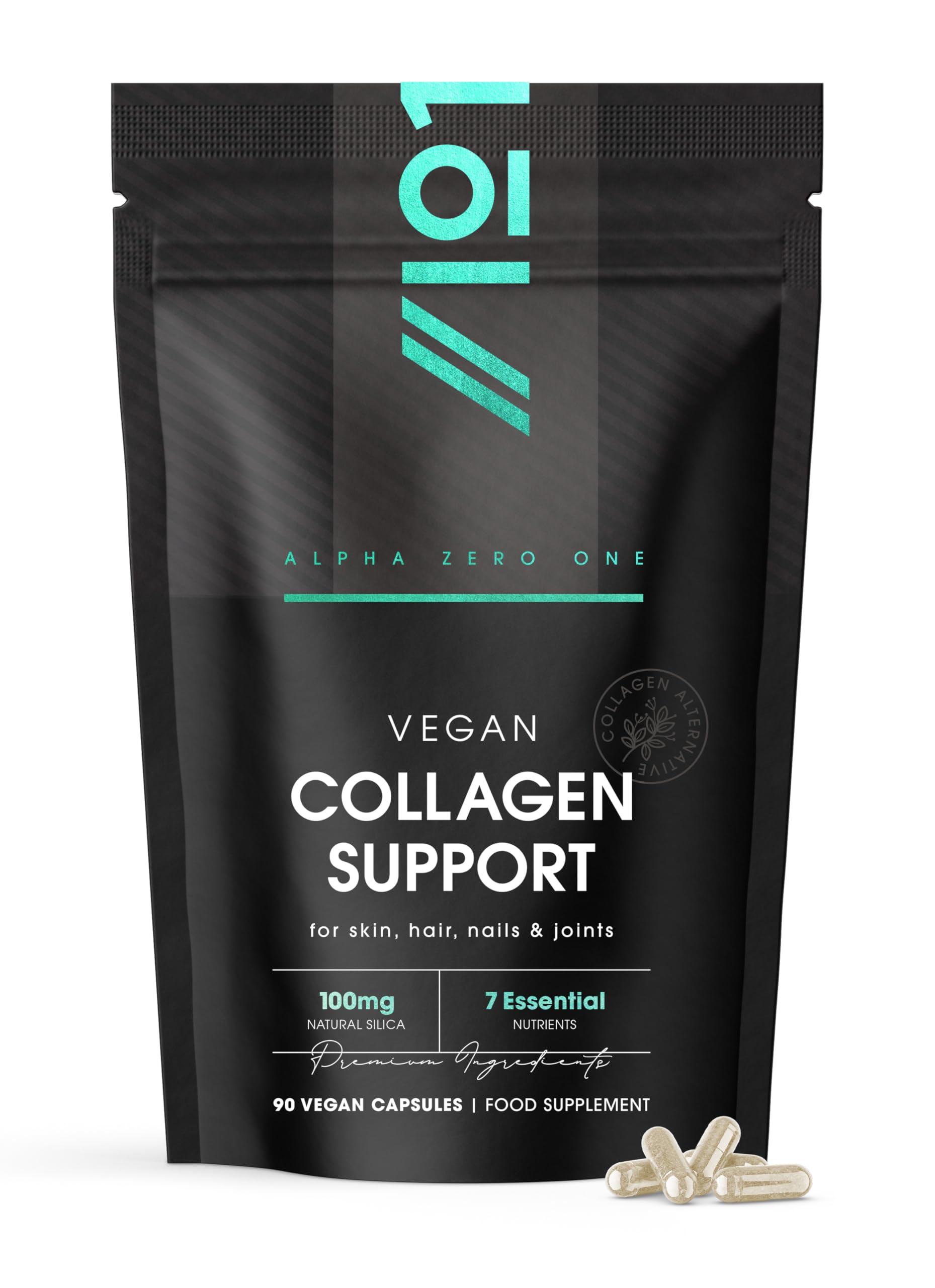 Vegan Collagen Supplements for Women & Men - High Strength 90 Capsules (3 Months Supply) - with Biotin, Lysine, Bamboo Silica, Zinc, Vitamin C, E & A - by Alpha01