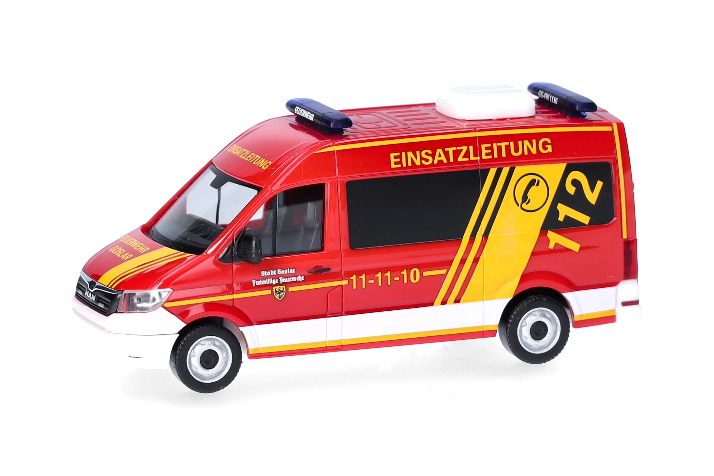 herpa 098045 Model Car Man TGE Bus High Roof Fire Brigade Operation Line (Lower Saxony/Goslar), Miniature Scale 1:87, Collectable, Made in Germany, Model Made of Plastic, Red