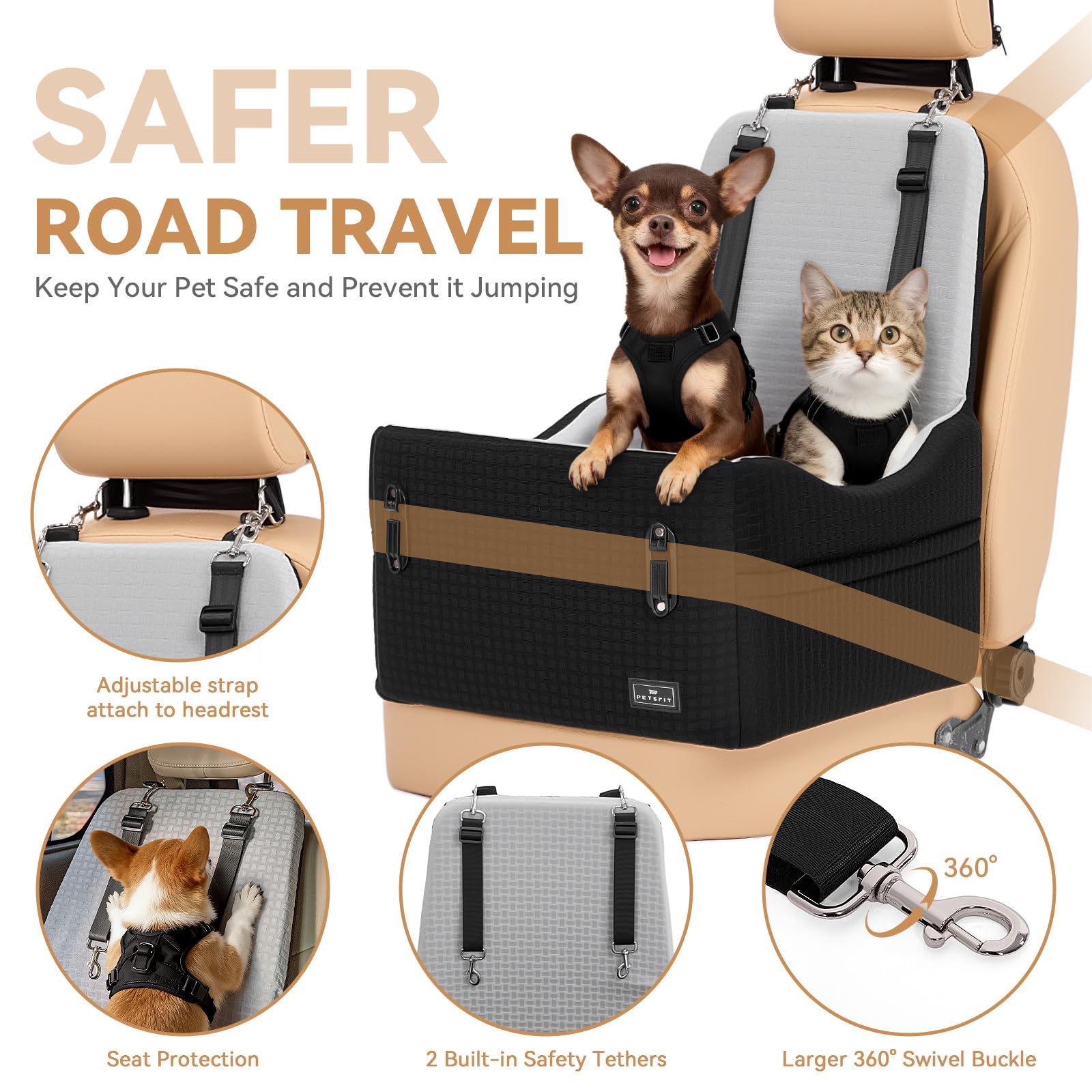 PETSFIT Dog Car Seat for Small/Medium Dogs Up to 35 lbs – Patented Safety System, 6" Memory Foam Pet Booster Car Seat, Fully Detachable and Washable Dog Carseat with 2 Storage Pockets (Black & Grey) - image 8