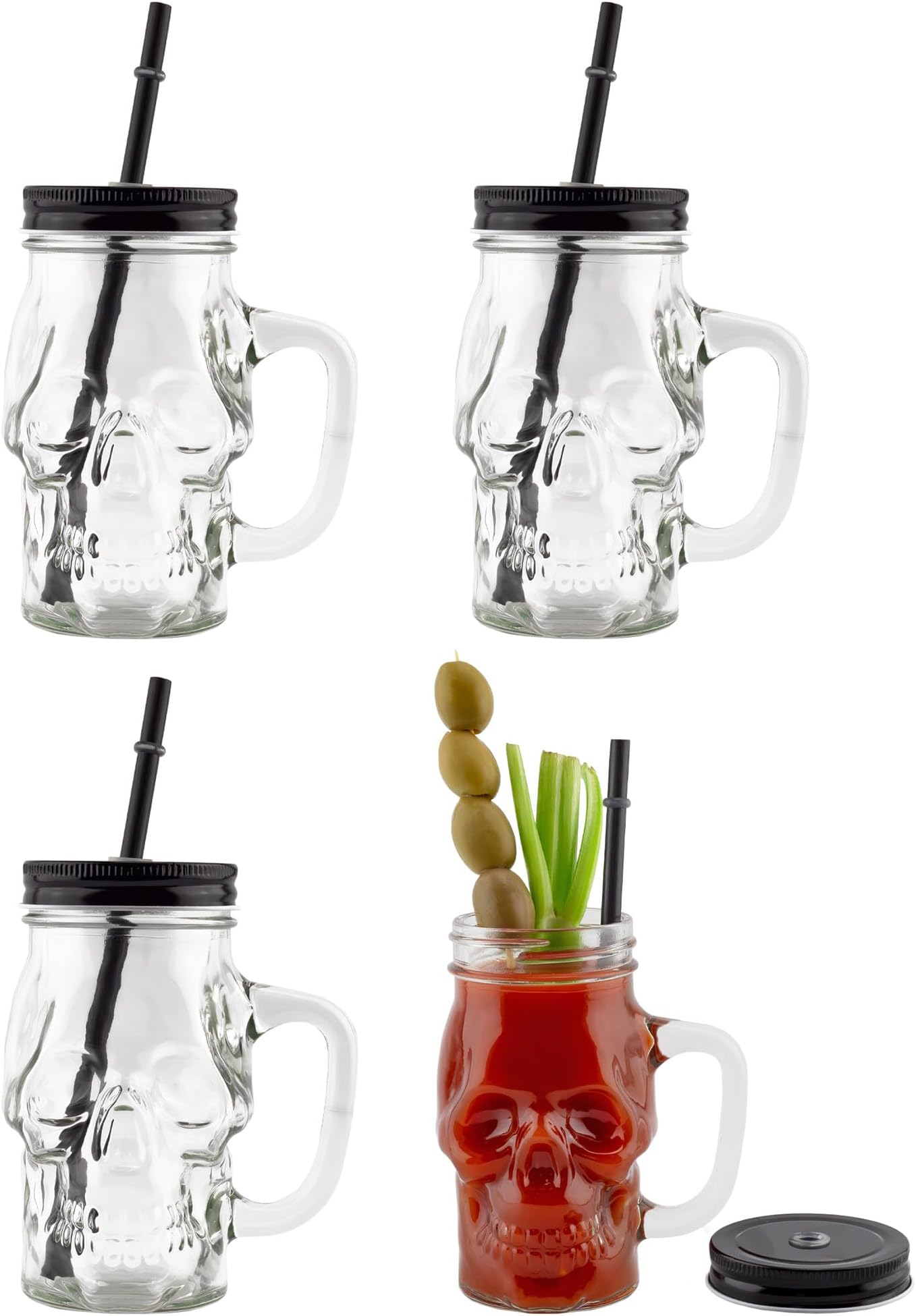 Darware Skull Mason Jar Mugs (Set of 4); Clear 12oz Glasses with Reusable Straws/Halloween Mugs