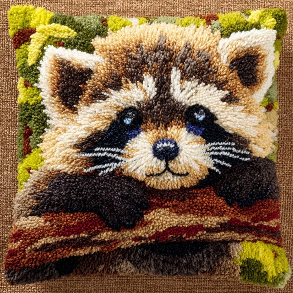 WallustrioaW Latch Hook Kits Pillow 17x17in,Animal Raccoon