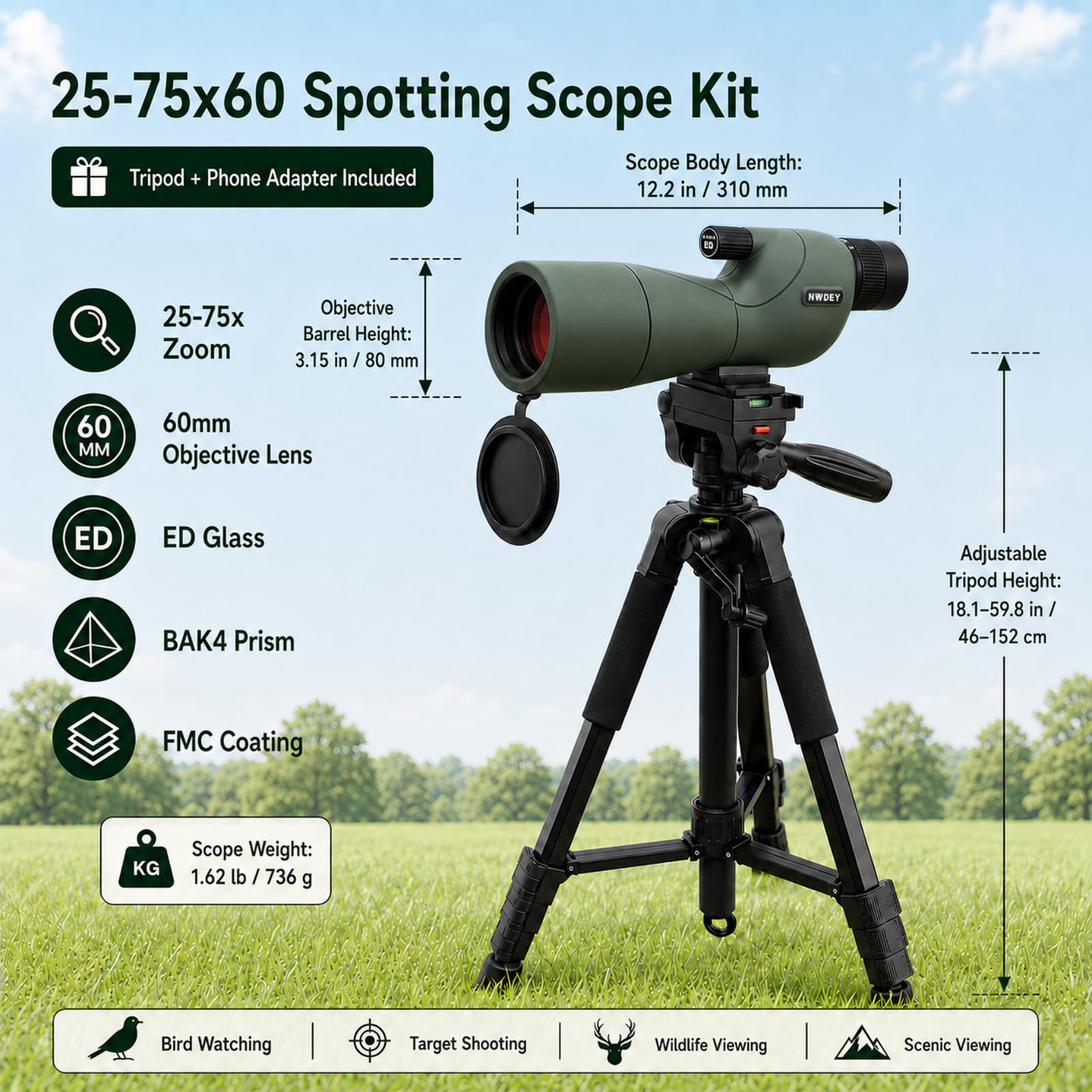 NWDEY Cannocchiale 25-75X60 con treppiede da 129,5 cm, cannocchiale per tiro al bersaglio, caccia, birdwatching, visione bassa, adattatore per telefono, borsa per il trasporto, prisma BAK4, obiettivo