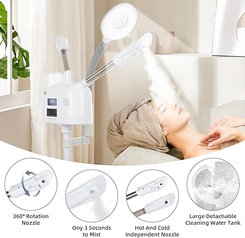 Miniatura 3 de VARIPOWDER Vaporizador facial profesional 3 en 1 para cara con boquilla fría y caliente, lámpara de aumento 5X, vaporizador facial para esteticista,