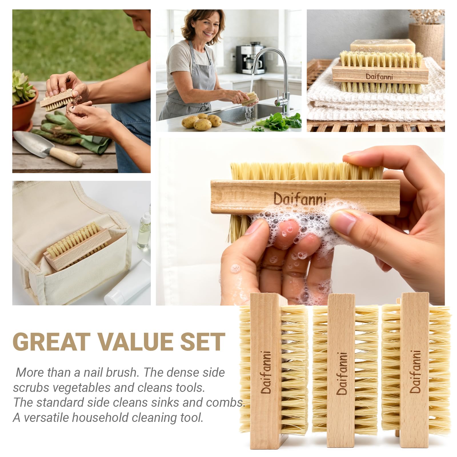 Cepillo de uñas de doble cara, madera de haya natural y sisal, estropajo resistente de doble densidad para uñas de manos y pies, paquete de 3