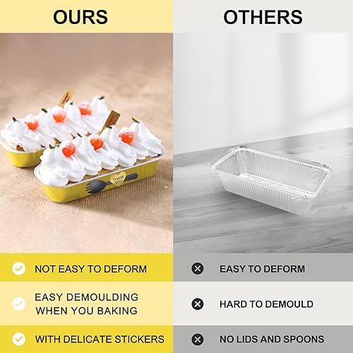 Miniatura 3 de Paquete de 50 moldes para hornear de papel de aluminio de 6.8 onzas con tapas y cucharas, prácticos recipientes rectangulares con calcomanías, tazas