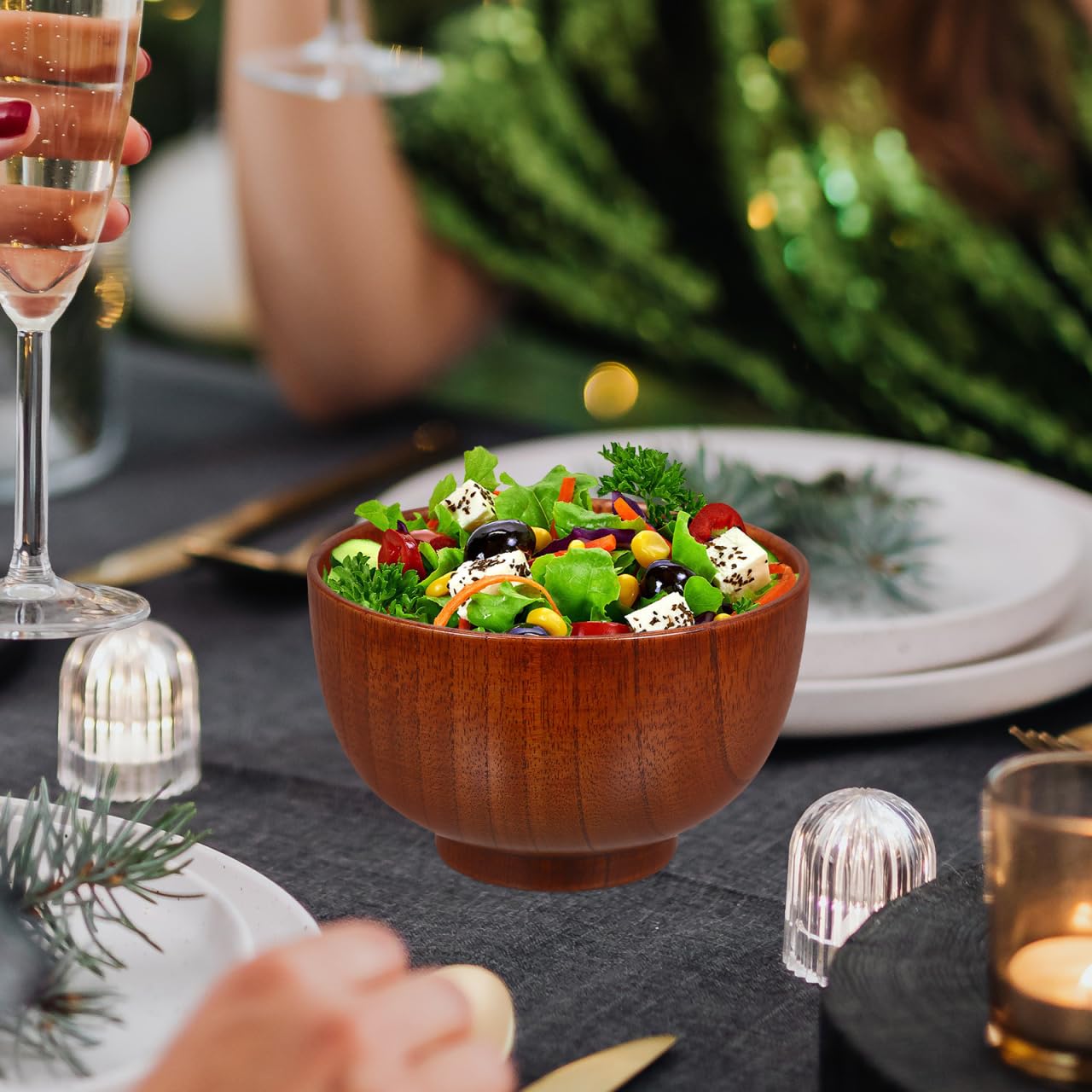Ensaladera de madera de acacia de 5.11 pulgadas, versátil tazón redondo para servir frutas y aperitivos para el hogar y la cocina 5