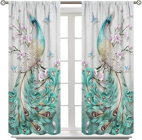 Miniatura 216 de Cortina opaca con estampado de pavo real, con estampado de animales retro, con bolsillo para cortinero y flores de peonía doradas, para dormitorio,