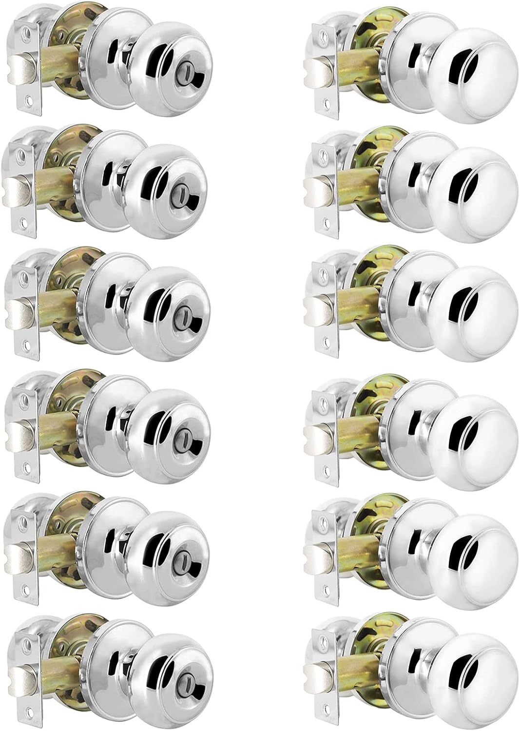 Probrico Polished Chrome Door Knobs Interior, 6 Pack Privacy Lock Knobs and 6 Pack Keyless Passage Knobs