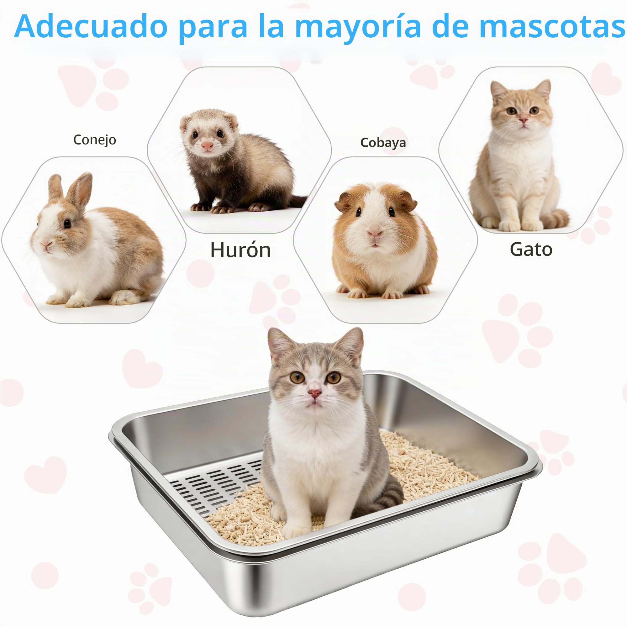 Inodoro para Gatos de Acero Inoxidable, Arenero Gato Acero Inoxidable, Caja de Arena para Gatos, Gatitos y Conejos, Arenero Alto, Fácil de Limpiar, 50 cm x 35 cm 15 cm