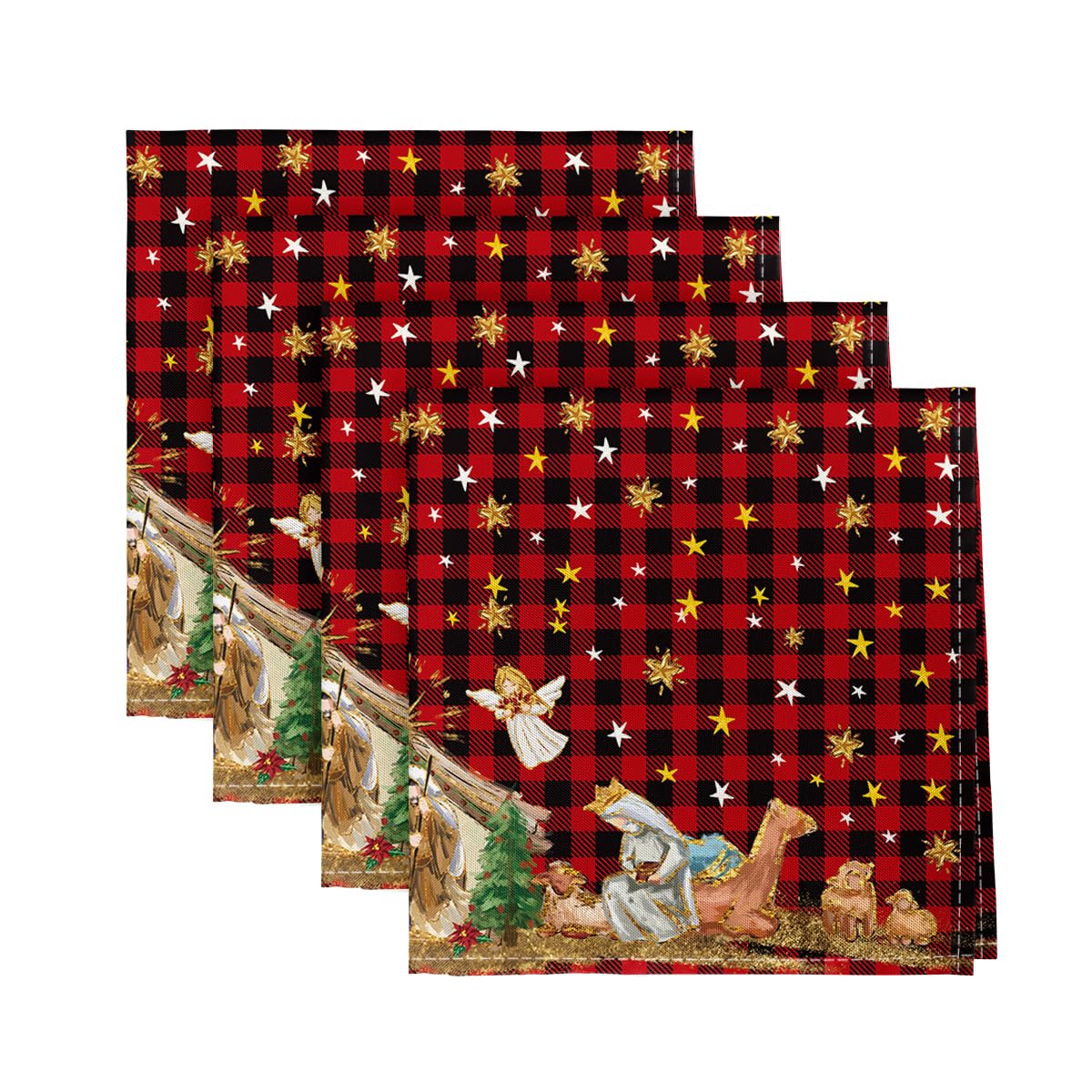 Horaldaily Christmas Cloth Napkin 18 x 18 Inch, Holy Nativity Red Buffalo Plaid Party Dinner Decoration Washable Napkins Set of 4