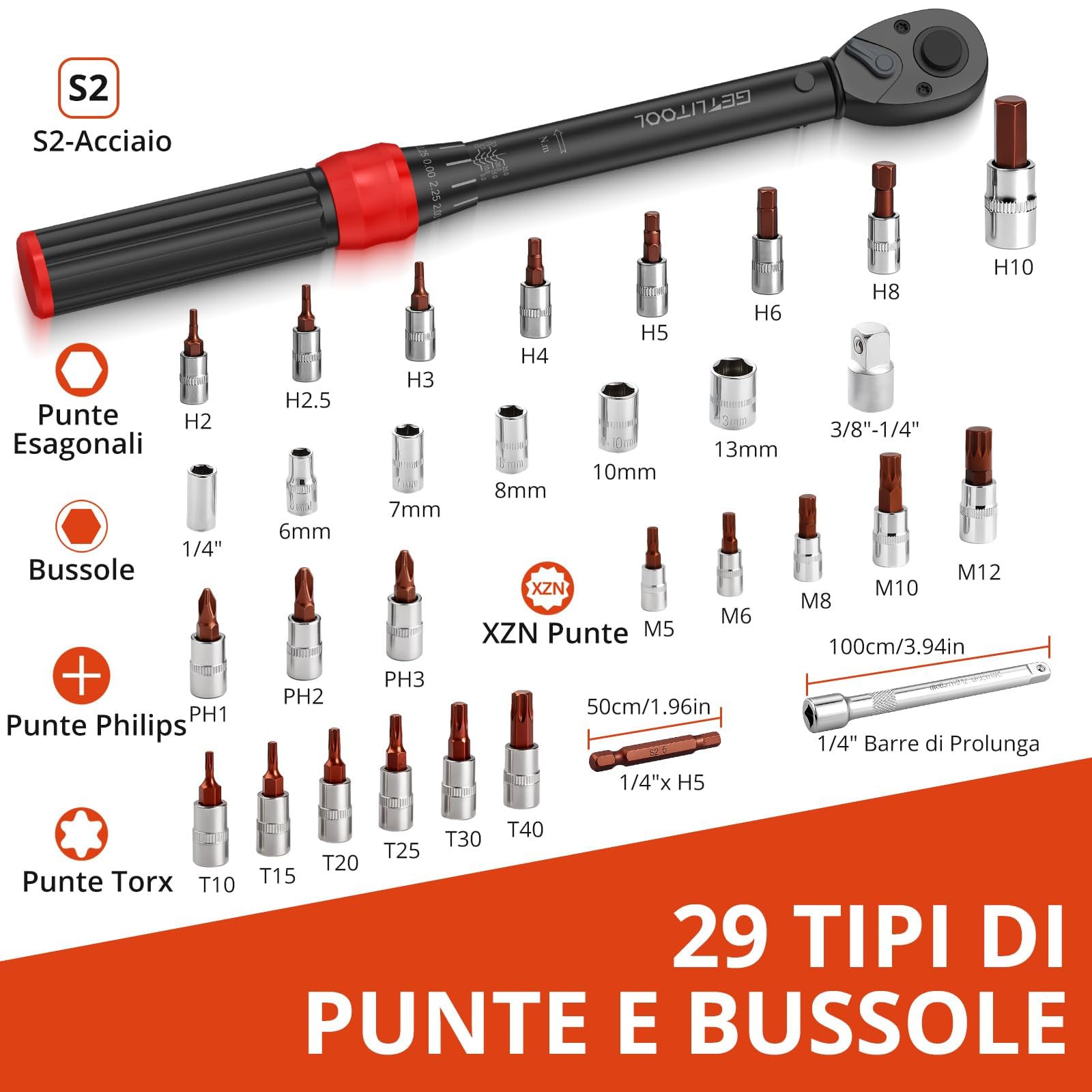 GETLITOOL 32 szt. zestaw kluczy dynamometrycznych 1/4" z 72 zębami, 5-25 Nm, stal CR-MO, z sześciokątnymi końcówkami torx Phillips XZN, kompasami, adapterami i walizką do roweru motocyklowego, funkcja