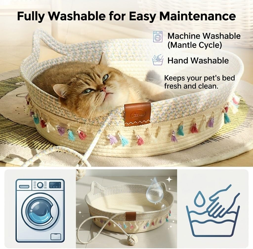 Large Cat Bed Basket Round Cotton Rope Woven,Cat Bed for Indoor with Toy Ball, Suitable for Small and Medium Pets, 18.9" L x 18.9" W x 6" Th (with Tassels)