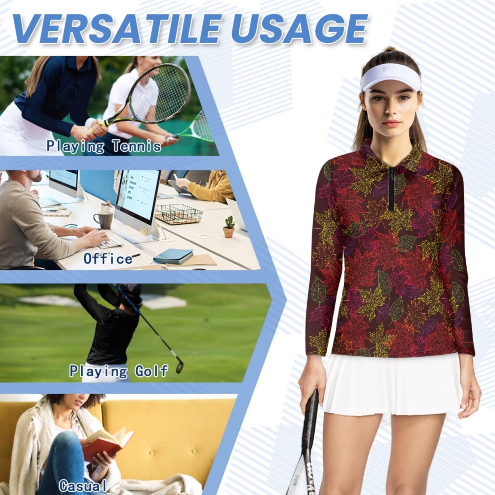 chaqlin Camisas de golf a juego para parejas, de manga larga, con cremallera, para mujer, ropa deportiva, Estampado de hojas de arce, 4XL