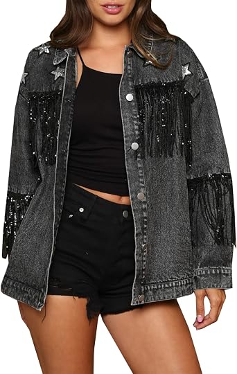 CYLADY Womens Boyfriend Denim Jacket Long Sleeve Oversized Fringe Jean Jacket Coats