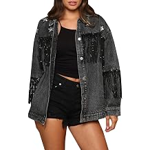 CYLADY Womens Boyfriend Denim Jacket Long Sleeve Oversized Fringe Jean Jacket Coats