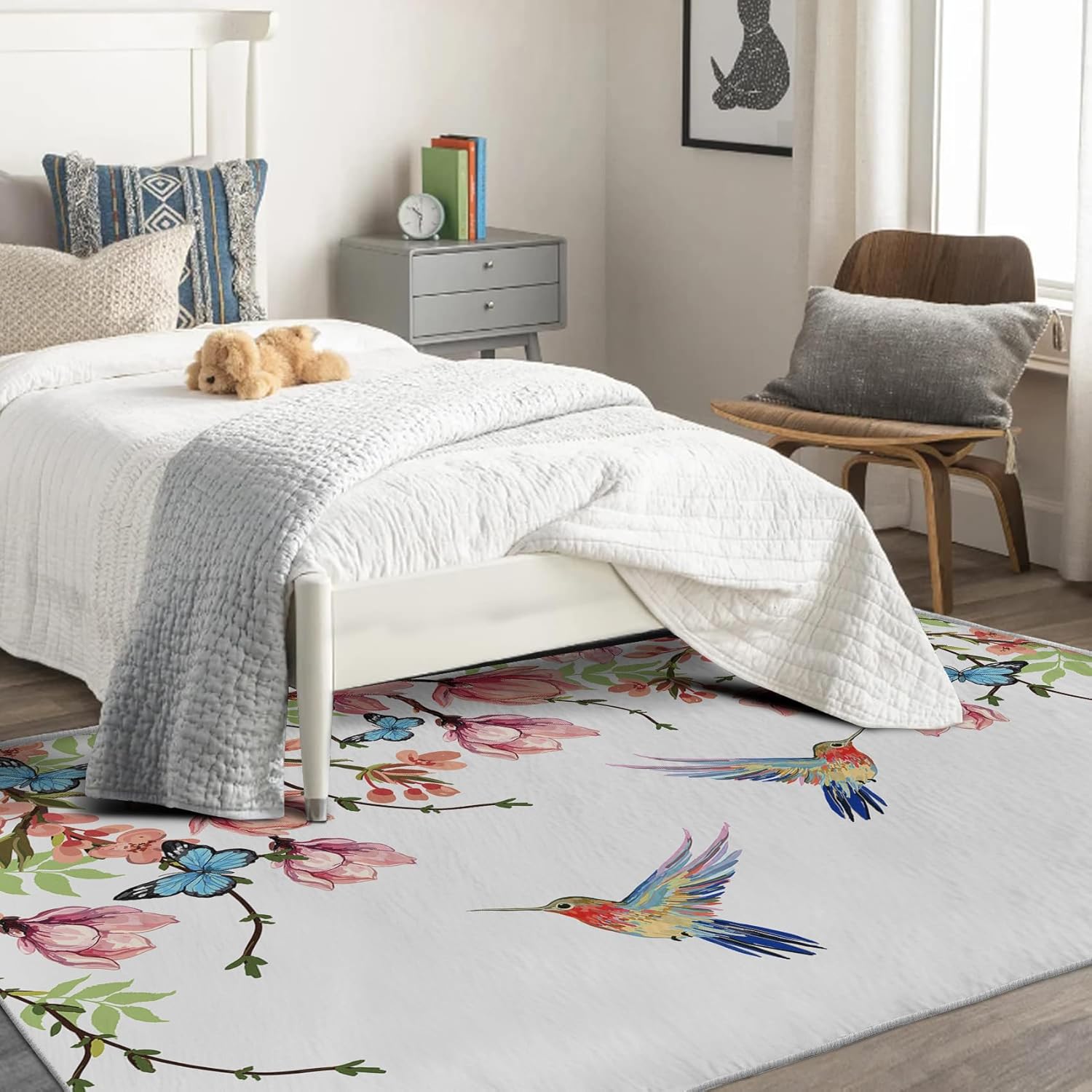 Bird Floral Throw Rugs for Entryway, Hummingbird Butterfly Area Rug 2x3, Spring Flower Carpet for Front Door Bedroom Kitchen Entrance, Washable Non Slip Indoor Door Mat