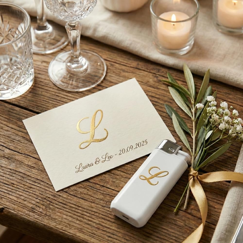 Pack de 50 Mecheros Personalizados con Logo o Texto - Encendedores Electrónicos Recargables con Impresión UV a Todo Color - Detalles para Bodas, Comuniones, Empresas y Eventos (Blanco)