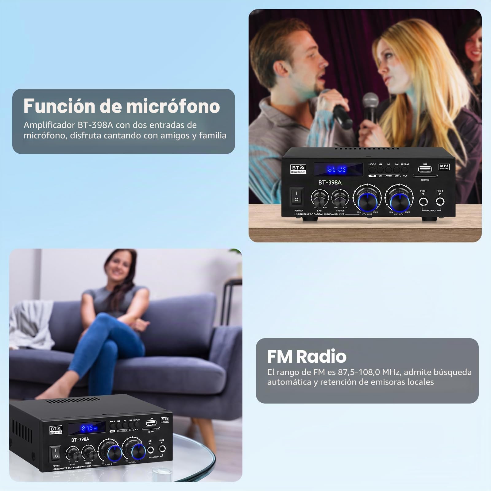 BT-398A Amplificadore Audio, Amplificadore Bluetooth 5.0 2.0 Canal 60W+60W Potencia nominal Mini Altavoces Amplificadores de Sonido Digital FM Radio USB SD Card para Home Theater Sistema de Audio