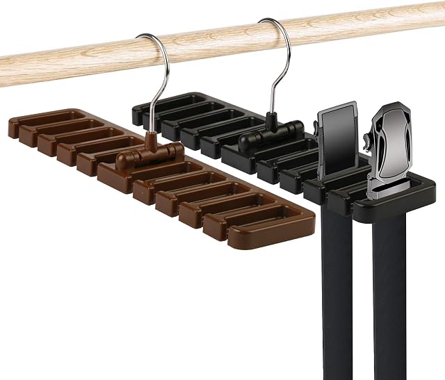 ZoomSky Belt Rack 2pcs Belt Hanger Tie Holder Homeware Closet Organizer with Stainless Steel 360° Swivel Hook for Belts Ties Scarves (black & brown)