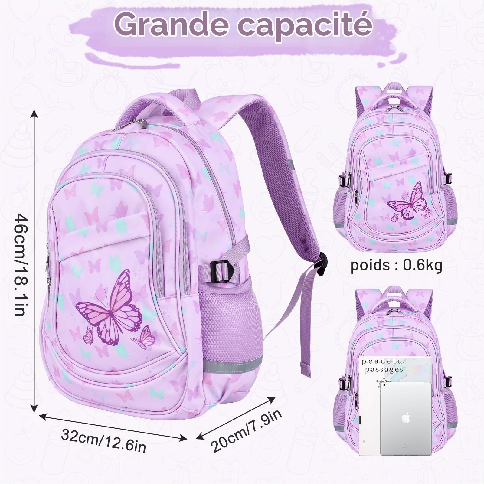 decalsweet Sac a dos Enfant, Grande Cartable Fille Primaire College Violet