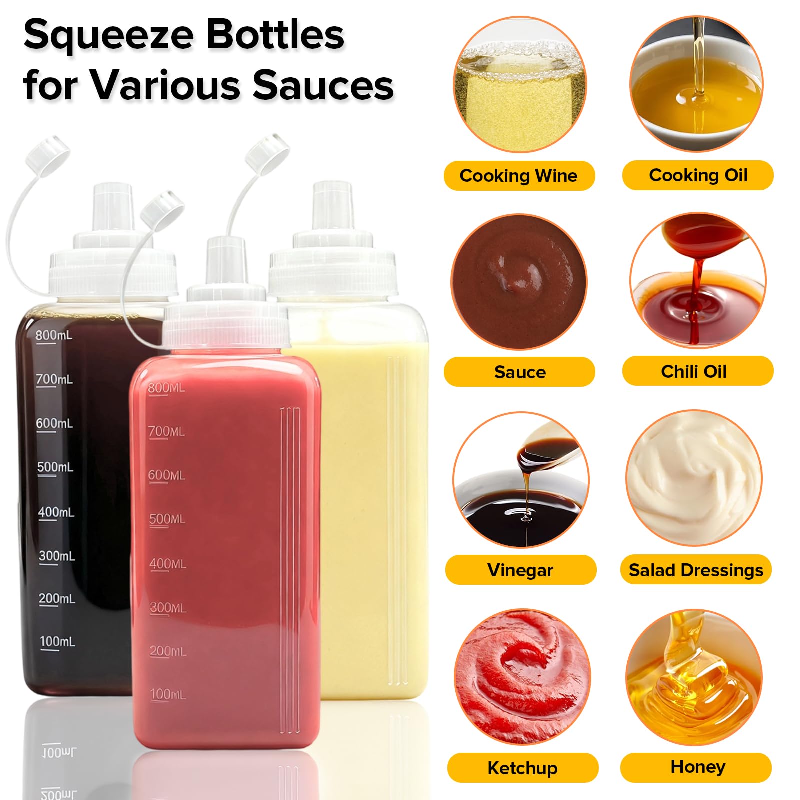 4 Pezzi Bottiglia Squeeze di Plastica 800ML, Bottiglia per Squeeze con Tappi, Bocca Grande,Trasparente Condimento Dispenser con Pennello per Ketchup Senape Mayo Salse Piccanti Olio d'oliva