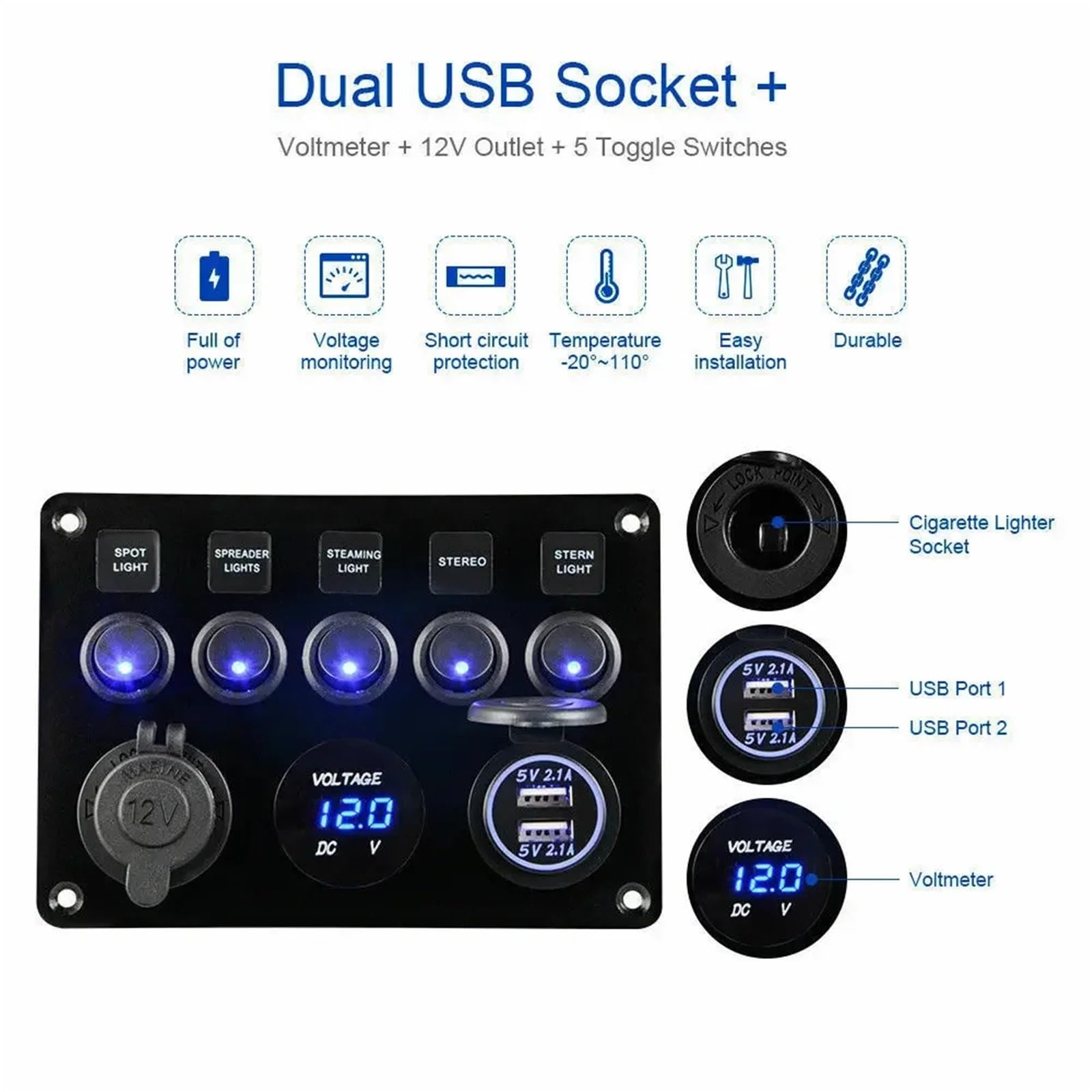 12V/24V 5-gniazdowa skrzynka bezpieczników liniowych Panel przełączników LED Podwójny USB Samochód Łódź Ciężarówka Kamper Cyfrowy wyświetlacz napięcia Niebieskie/Zielone/Czerwone światło LED(Green)