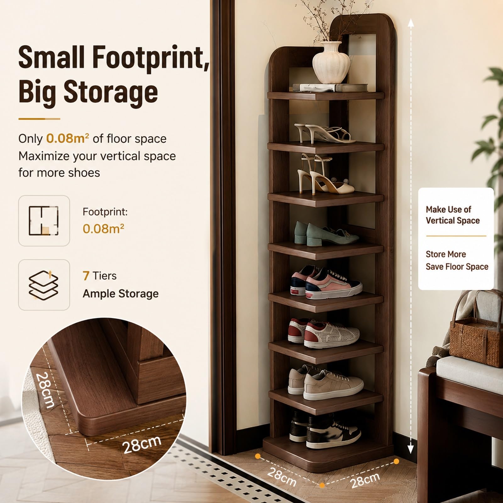 Zapatero de Madera, 7 Niveles Organizador de Zapatos, Ahorro Espacio