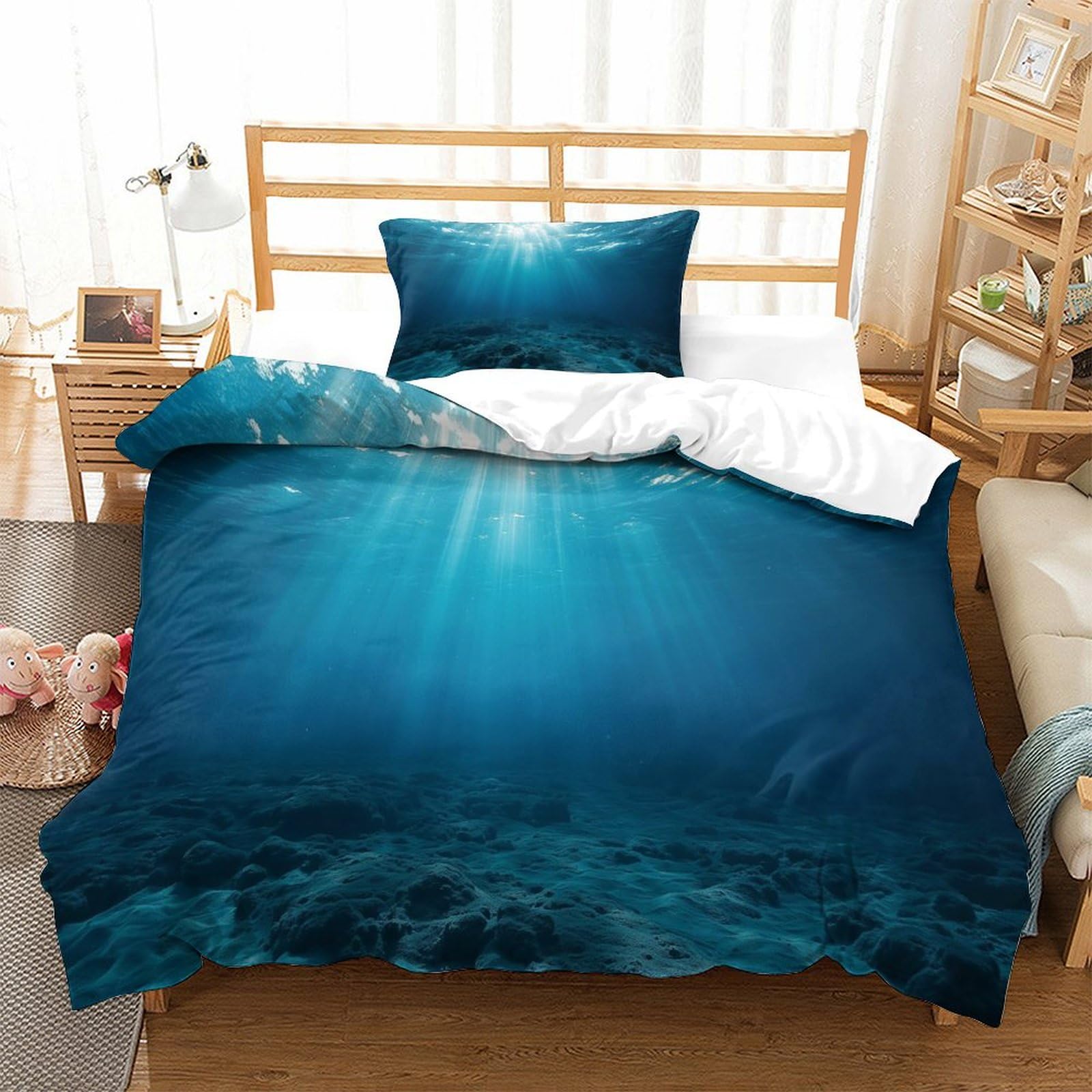 P1s9u7w5y Water Ripple-6 Ocean Blue 3D Printed Duvet Cover Set 3Pcs Microfiber Sunlight Water Bedding Set Single（135X200cm）