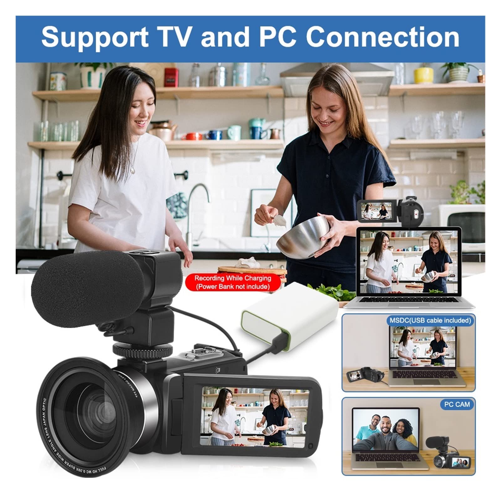 Videocámara, Cámaras de Video Digitales 4K Blogger al Aire Libre Grabación Streaming Vlog Set 18X Zoom Time-Lapse Videocámara Web Enfoque automático Cámara de vlogging(16G)