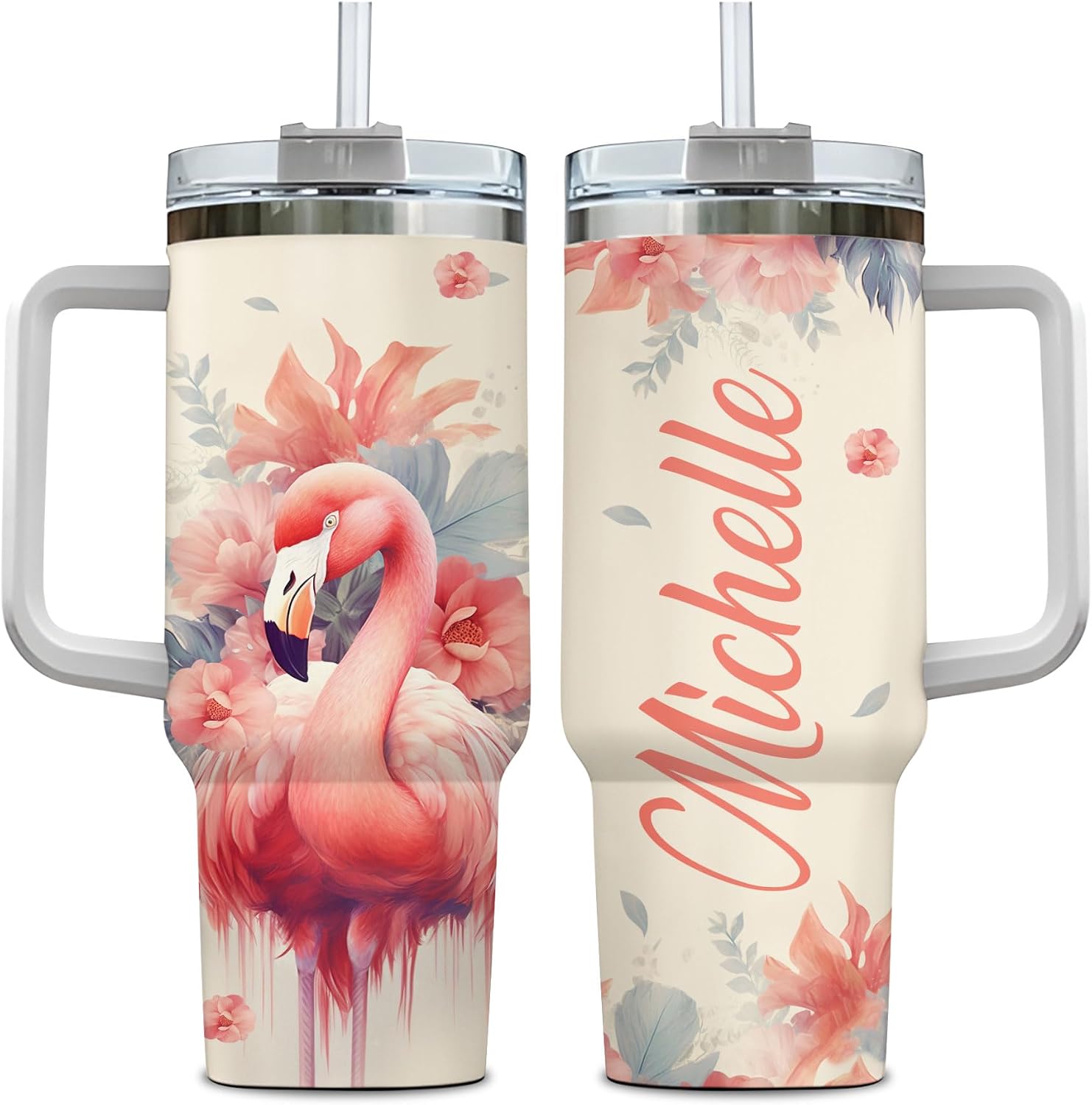 Hyturtle Personalized Gifts For Flamingo Lover Tumbler 40oz with Handle and Straw - Custom Stainless Steel Travel Coffee Cup With Lid - Cute Animal Lover Gifts For Women, Girl On Birthday Christmas