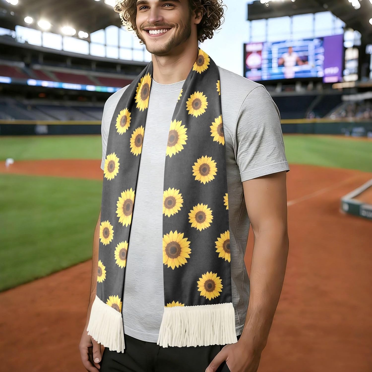 CHIFIGNO Yellow Sunflower Black Sports Fan Scarf for Sweat, Quick Dry Polyester Soccer Scarf with Fringe for Games