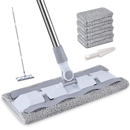 HOMTOYOU Microfiber Hardwood Floor Mop with 4 Washable Pads, 360 Rotation Dust Flat Mop with Ultra Long Stainless Steel Handle for Home/Office Floor Cleaning