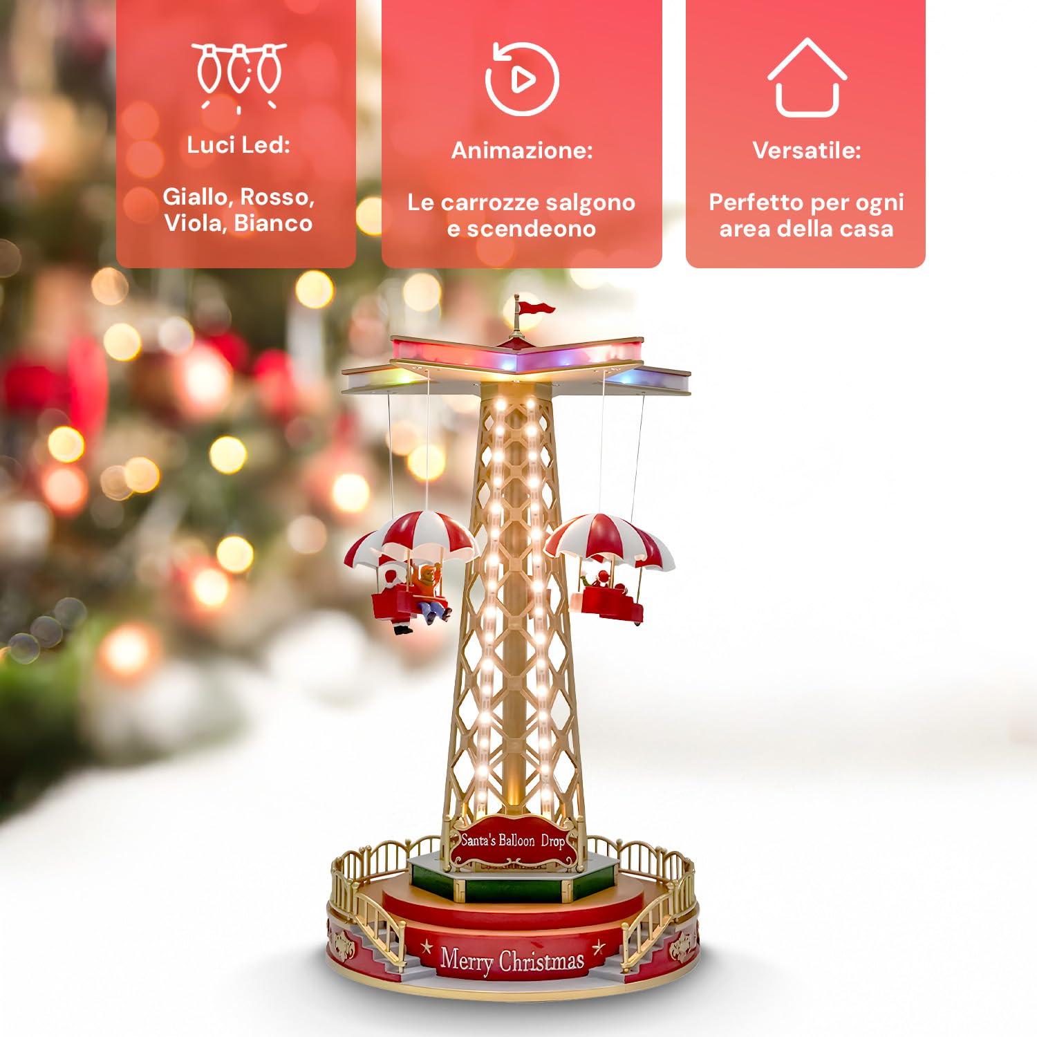 Avilia Giostra Natalizia Animata con Musica e Luci Led - Ideale per Decorare Casa o Villaggi di Natale Durante le Feste Natalizia - Dipinta a Mano è Adatta a Tutti gli Arredamenti - 44.5x24,5x24.5cm
