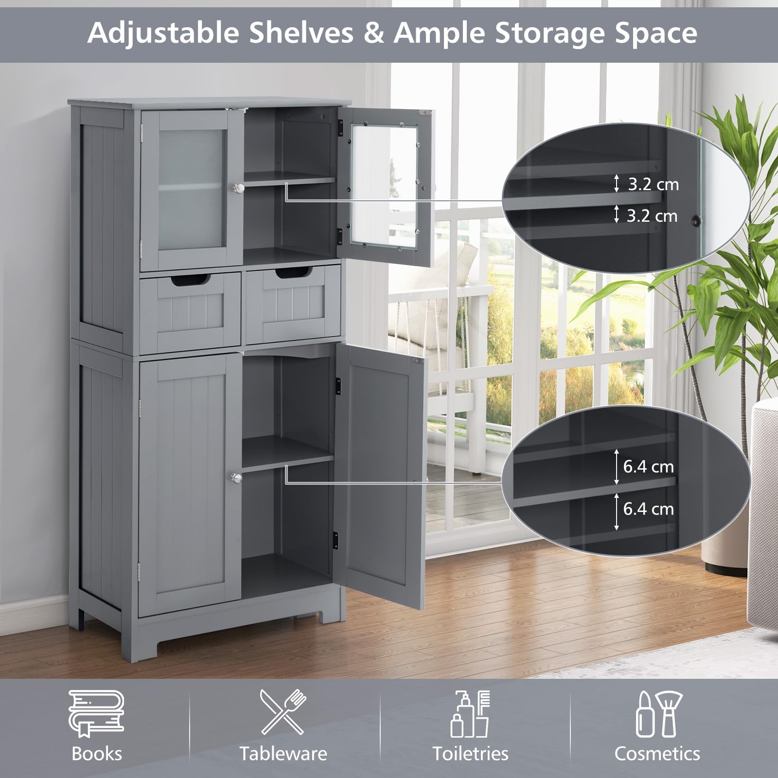 LIFEZEAL Mobiletto Bagno Salvaspazio in Legno, Armadio a 2 Ante in Vetro, Arredo Grande 60x30x128 cm, Mobile Dispensa Cucina con 2 cassetti, Vetrinetta Soggiorno Moderno e Alta, (grigio)