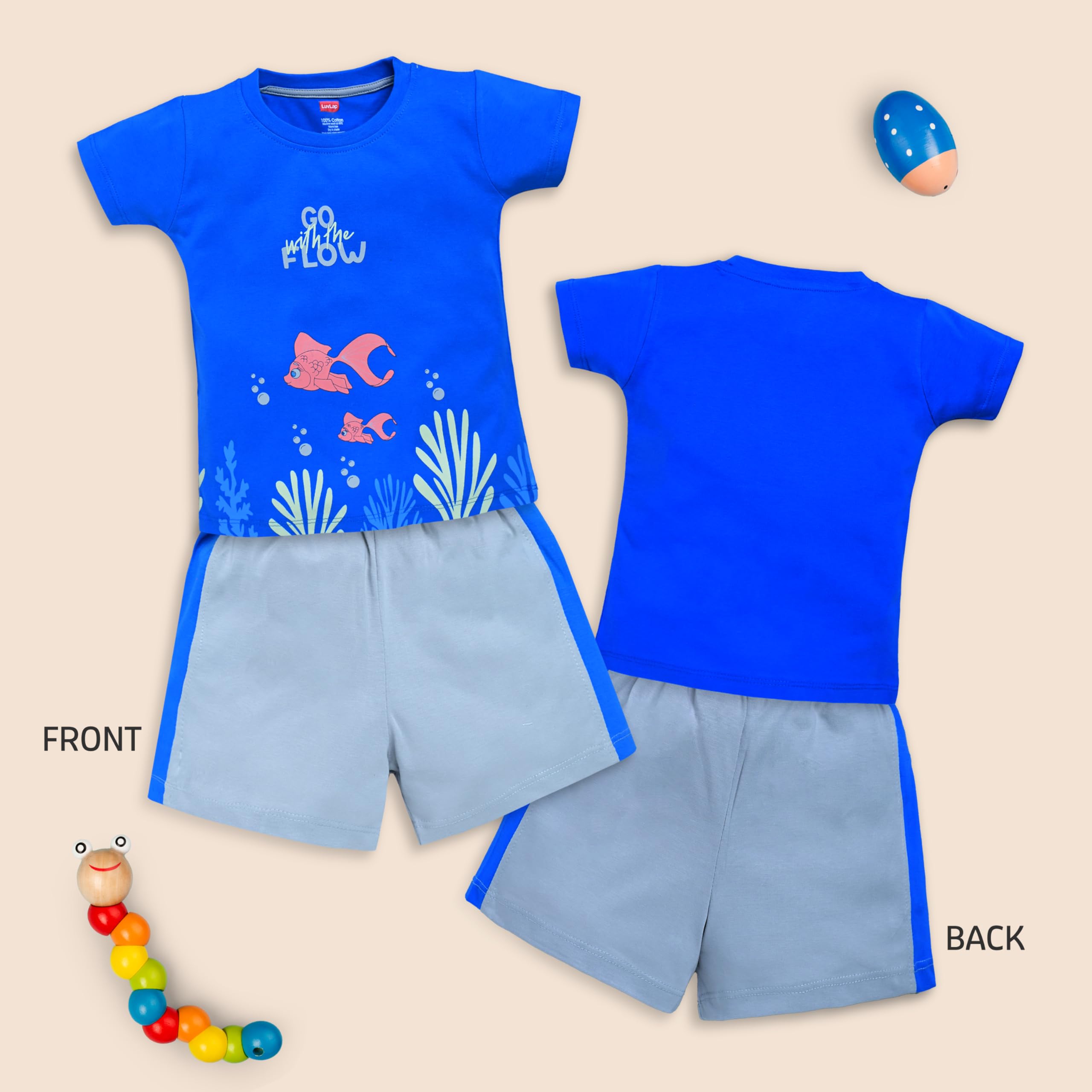 LuvLap Baby Boys Printed Regular Fit 100% Cotton Half Sleeves Boys T-Shirts And & Shorts Sets Pack Of 3,Royal Blue,White & Grey Melange,Xl (12 To 18 Months) - Image 2 thumbnail